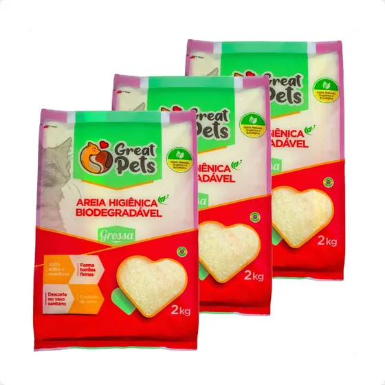 3 Areia Great Pets Biodegradável Grossa Para Gatos - 2 Kg