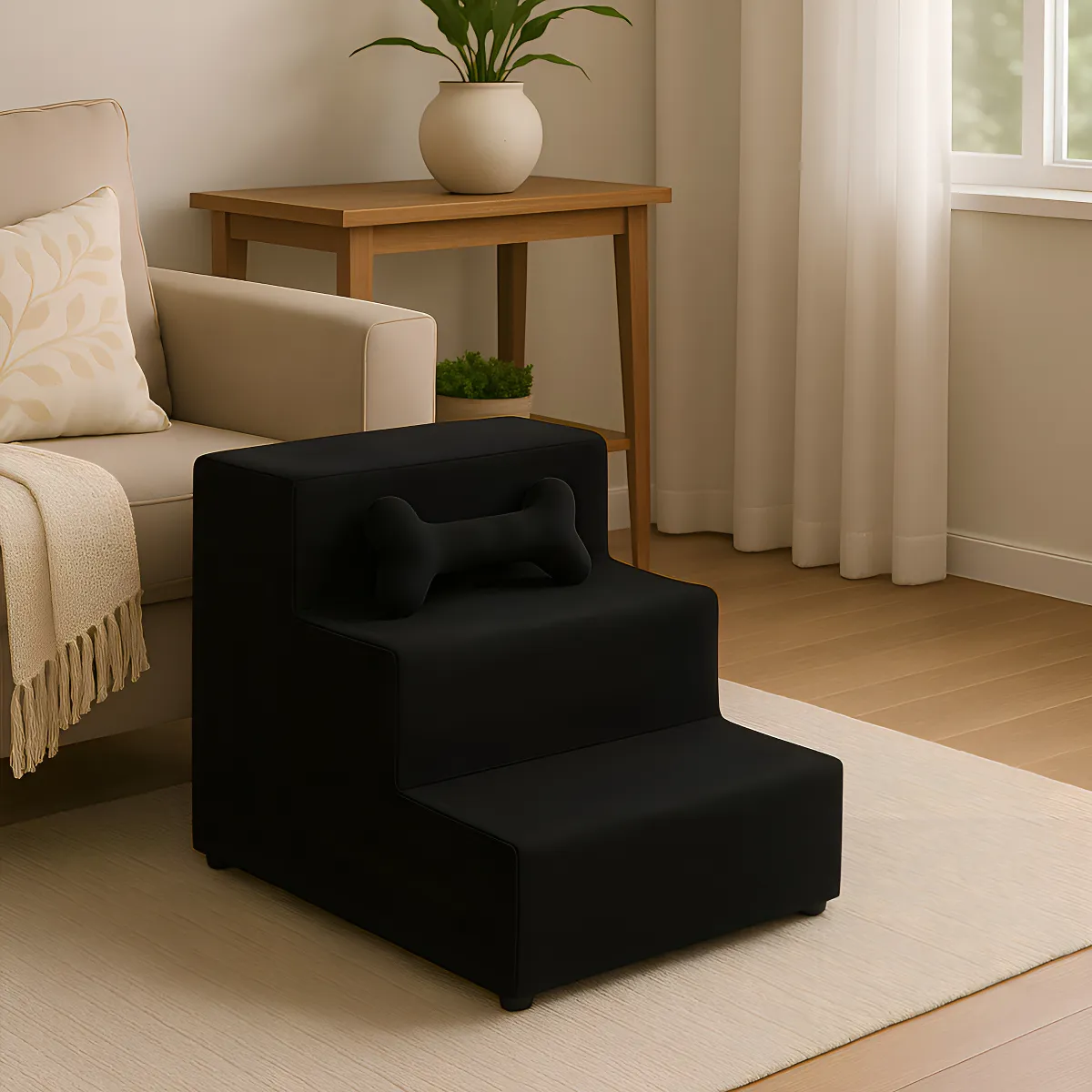 Escada Escadinha Para Pet 3 Degraus Preto Osso Veludo Liberty Móveis